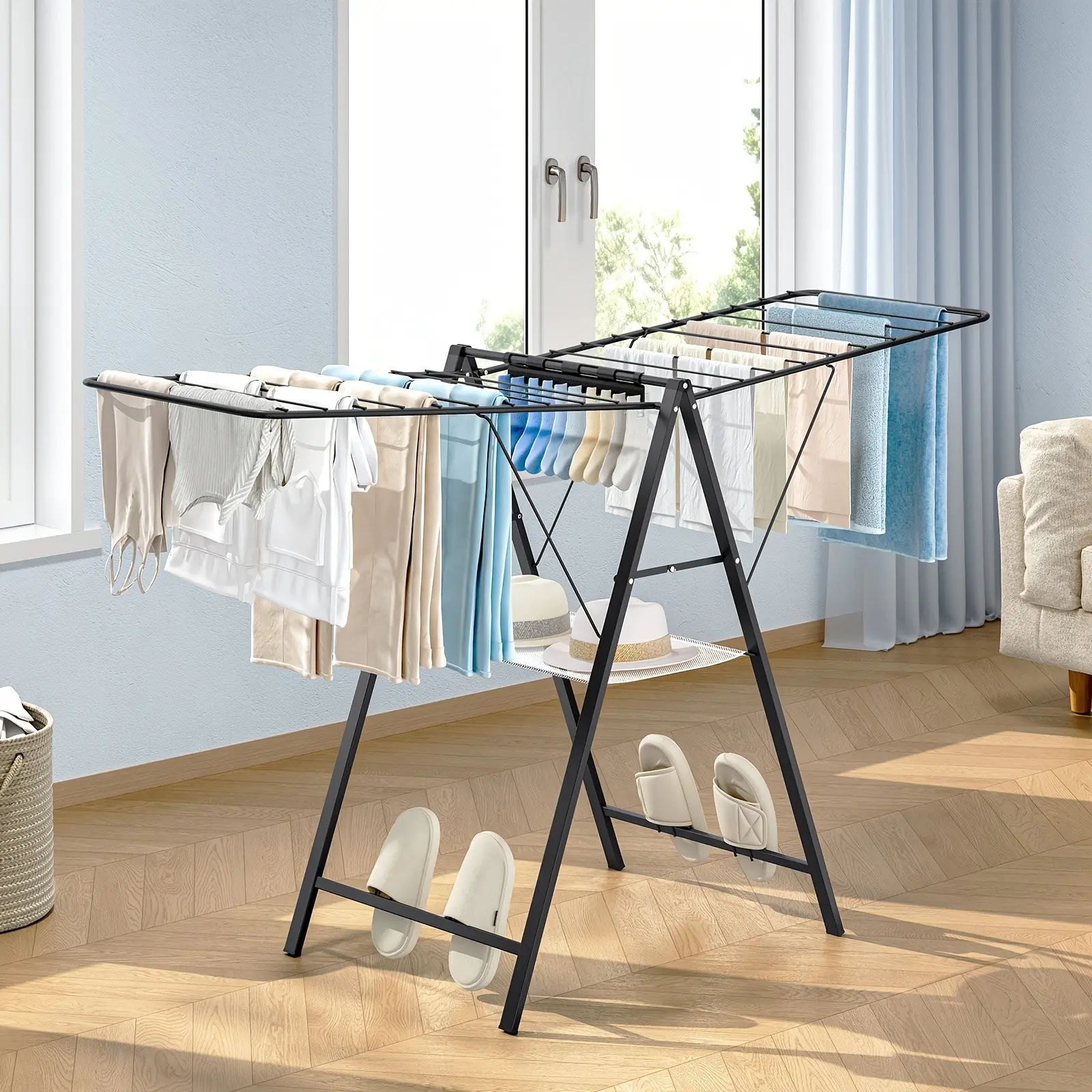 Clothes Drying Rack Foldable, Metal Laundry Drying Rack Collapsible, Portable Compact Clothes Rack for Sweater Clothes Towel Indoor & Outdoor, Height Adjustable Clothes Airer, Grey, Drying Racks