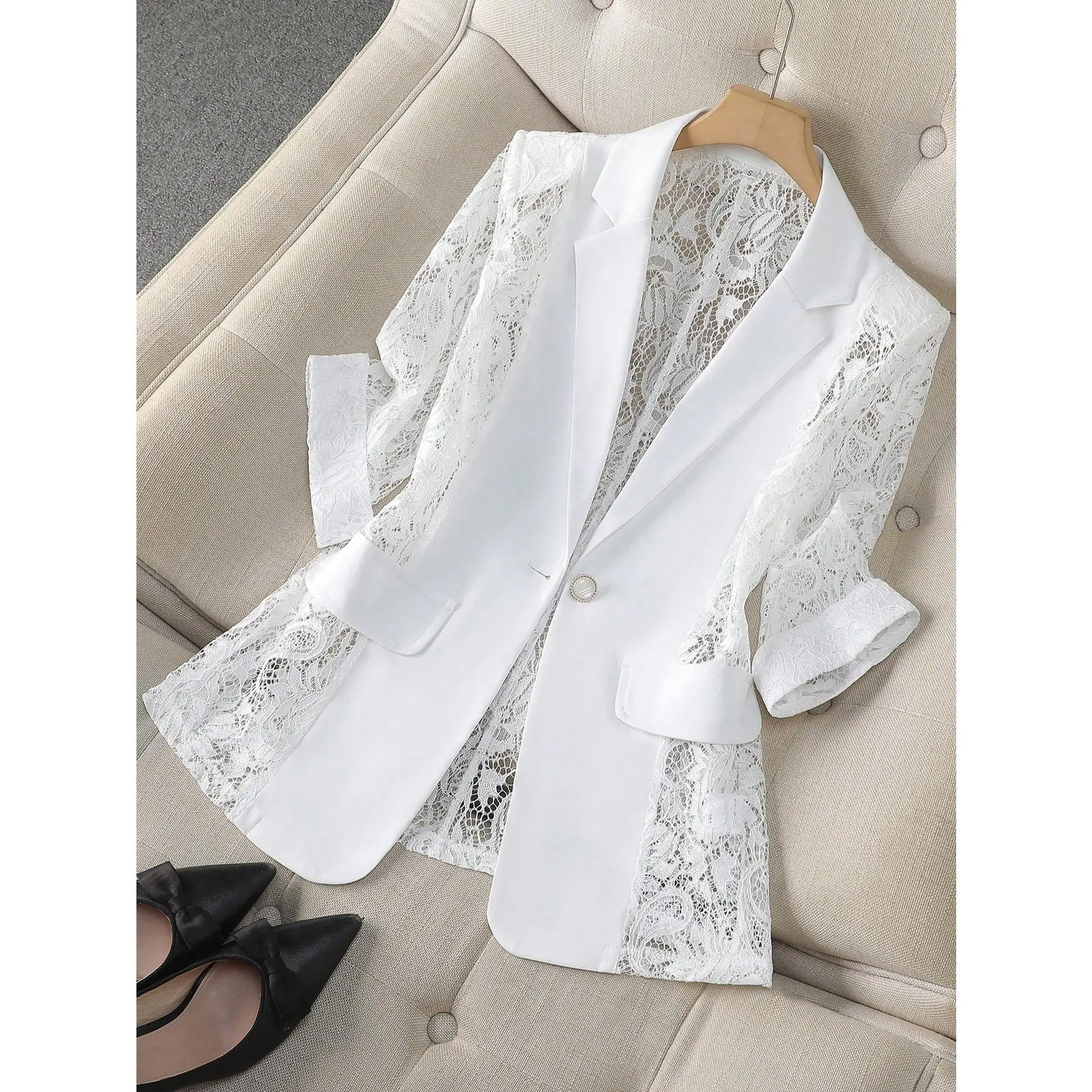 ASANDY Blazer for Women, Sheer Lace Patchwork Suit Jacket, Elegant Long Sleeve Single Button Lightweight Summer Outerwear