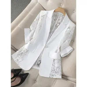 ASANDY Blazer for Women, Sheer Lace Patchwork Suit Jacket, Elegant Long Sleeve Single Button Lightweight Summer Outerwear