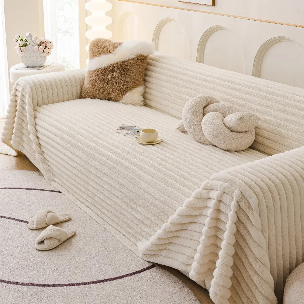 Faux Fur Thick Decorative Couch Cover Cozy Warm Plush Striped Pet Friendly Soft Fuzzy Sofa Slipcover for 2 Cushion Furniture Protector Couch Covers For Sofa