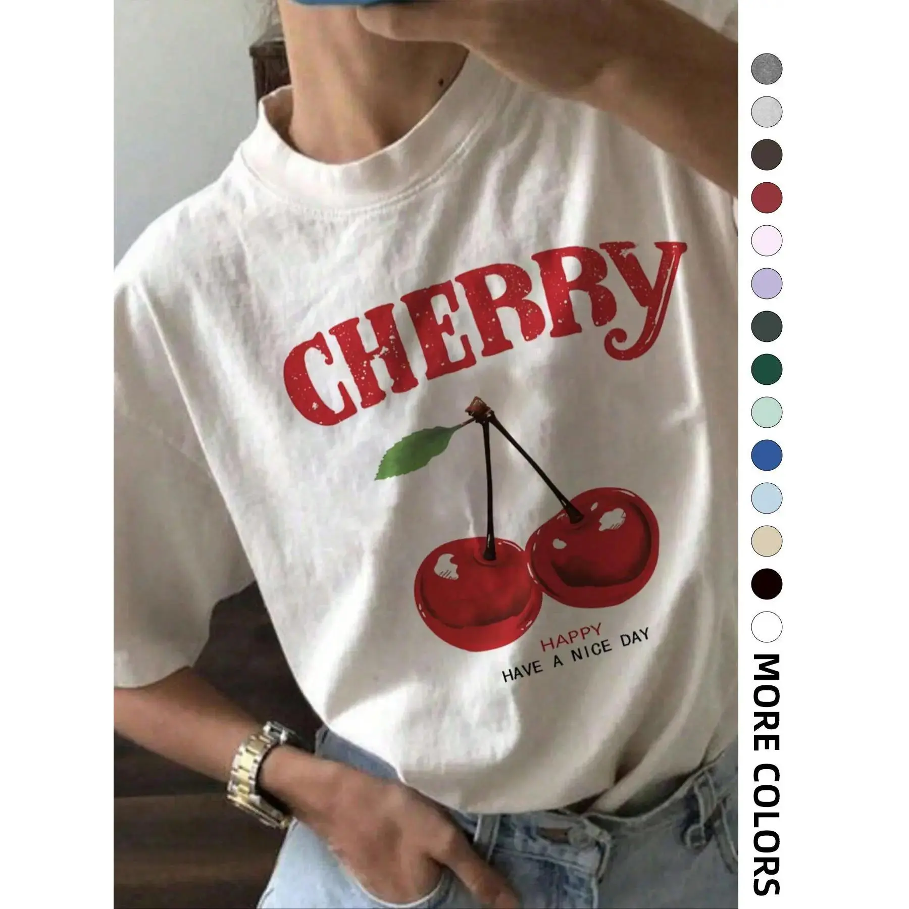 Graphic Print T-Shirt Women's Cherry & Letter Print Drop Shoulder Tee, Trendy Casual Streetwear Short Sleeve Round Neck T-Shirt, Ladies Clothes for Daily Wear, Womenswear,Muppet