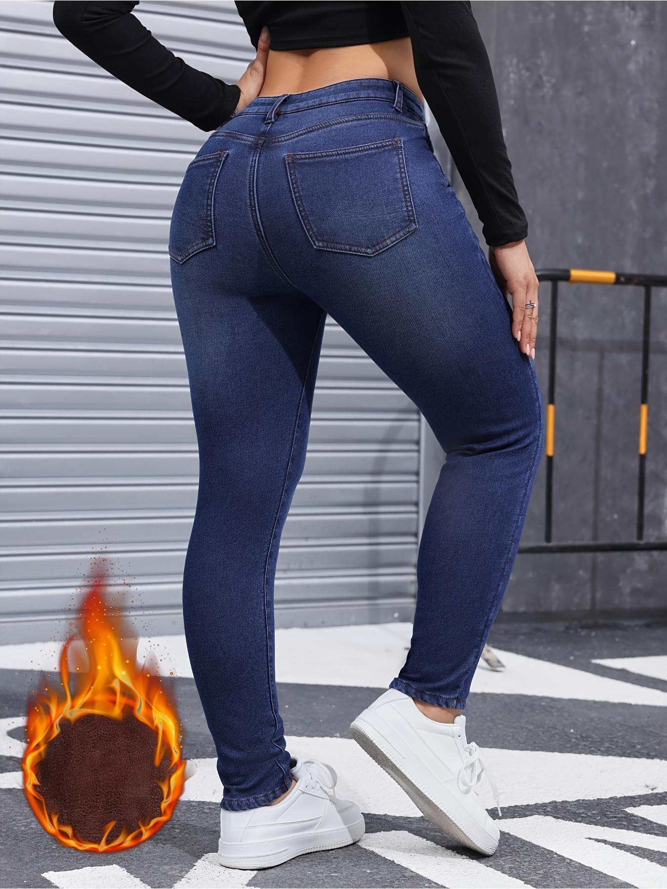 Women's Fleece-Lined Thermal High Waist Jeans, Slim Fit Denim for Fall & Winter