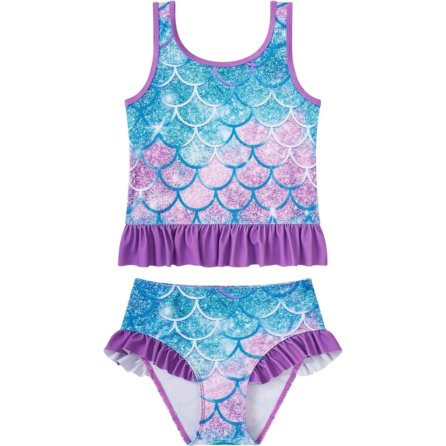 Girls Tankini Swimsuit Two Piece Mermaid Bikini Set Toddler Beach Bathing Suit Swimwear with Ruffled Hem 3-7 Years