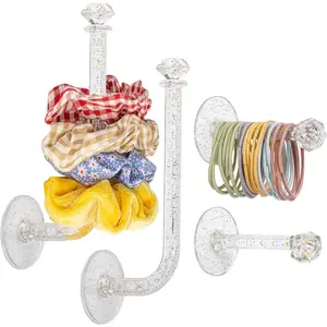 4pcs Headband Holder Stand Scrunchie Organizer, Girls Hair Accessories Organizer Storage for Headband Hairband Hair Ties, Clear Glitter Adhesive Scrunchy Holder