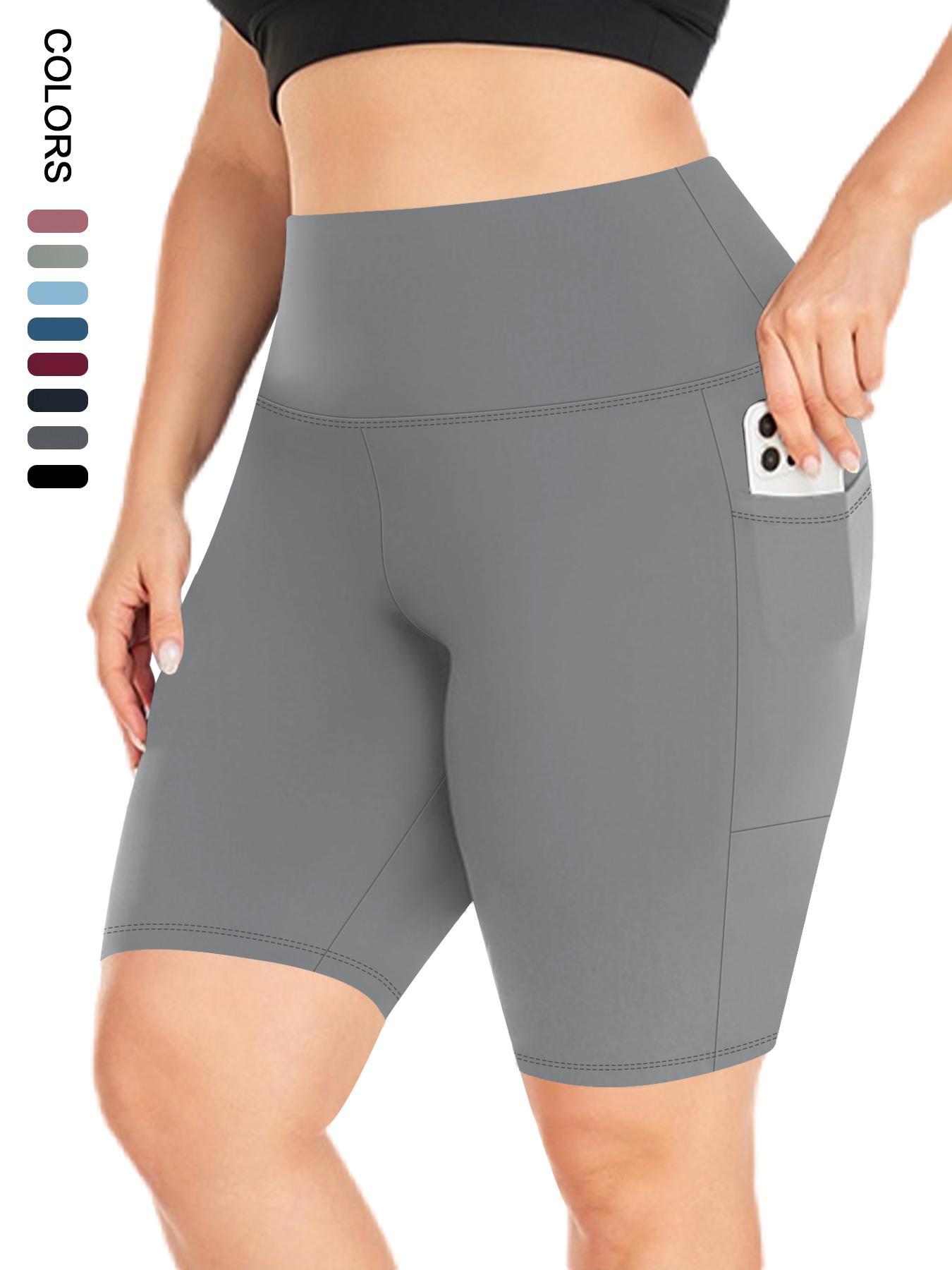 Plus Size Plain High Waist Convenient Pockets Design Skinny Shorts, Activewear Shorts, Casual Comfy Breathable High Stretch Seamless Shorts for Daily Outdoor Sport, Women's Bottoms for Summer