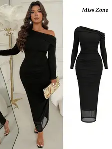 Plus Size Asymmetrical Shoulder One-Piece Black Long Bodycon Dress, Mature Elegant Fitted Cocktail Party ,Office,Christmas,Thanksgiving Day,Light,Night Out For Women In Fall/Winter