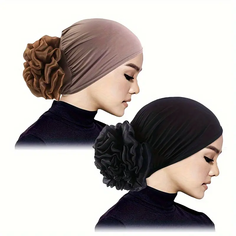 Women's 2-Pack Flower Bun Hijab Turban Caps - Elegant, Modest, Comfortable Slouchy Headwrap Beanie for Chemo, Sleep, Aesthetic Hair Accessory Gift