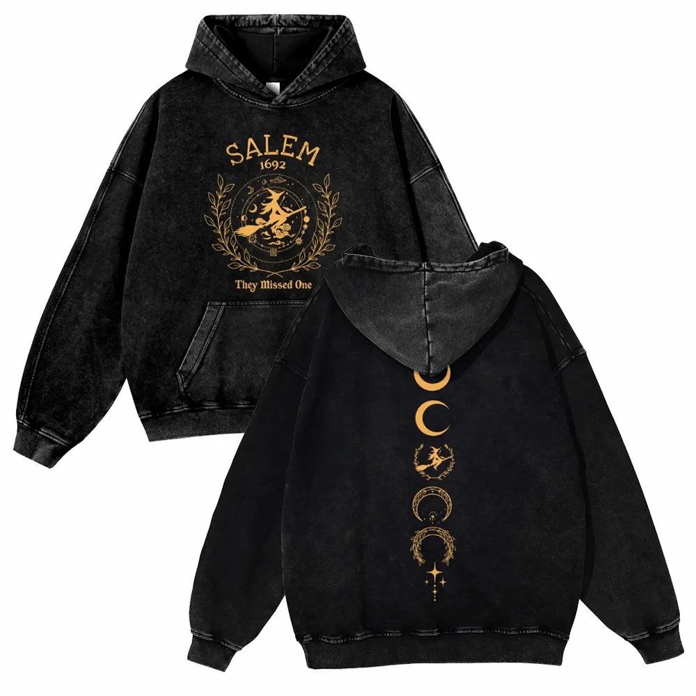 Retro Acid Wash Salem 1692 Witch Hoodie Celestial Moon Phase Back Graphic Sweatshirt Oversized Unisex Spooky Season Streetwear Top