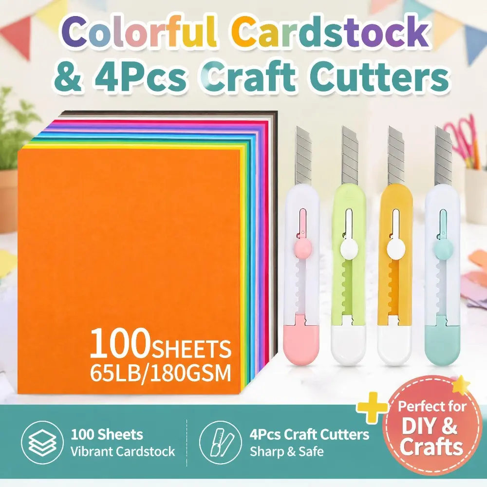 Vibrant Colored Cardstock 100 Sheets 180GSM Thick Craft Paper + 4Pcs Safe Mini Craft Cutters Set, Multicolor Construction Paper for DIY Crafts, Card Making, Scrapbook, School Art Supplies