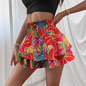 Ditsy Floral Tiered Ruffle Mini Skirt - High Waist Smocked Flowy A-Line Skirt Shorts for Women, Cute Coquette Summer Casual Beach Skort