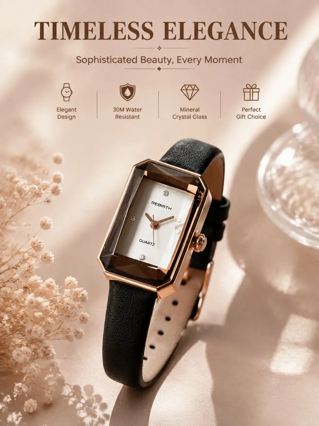 Women's Rose Gold Quartz Watch, Fashion Watches, Elegant Rectangular Dial, Classic Style, Leather Strap, Perfect for Daily Wear, Ideal Gift for Her