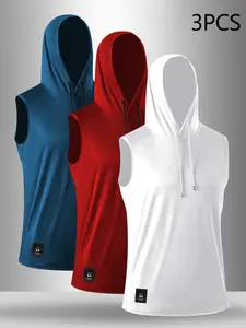 Men's Drawstring Hooded Sleeveless Tank Top, Minimal Headphone Logo Square Patch Breathable Athletic Vest, Basic Daily Workout Casual Streetwear Hooded Sleeveless Shirt #PatchLabelVest #HoodedTankTop #BasicGymWear #EverydayStreetStyle #TikTokMadeMeBuyIt