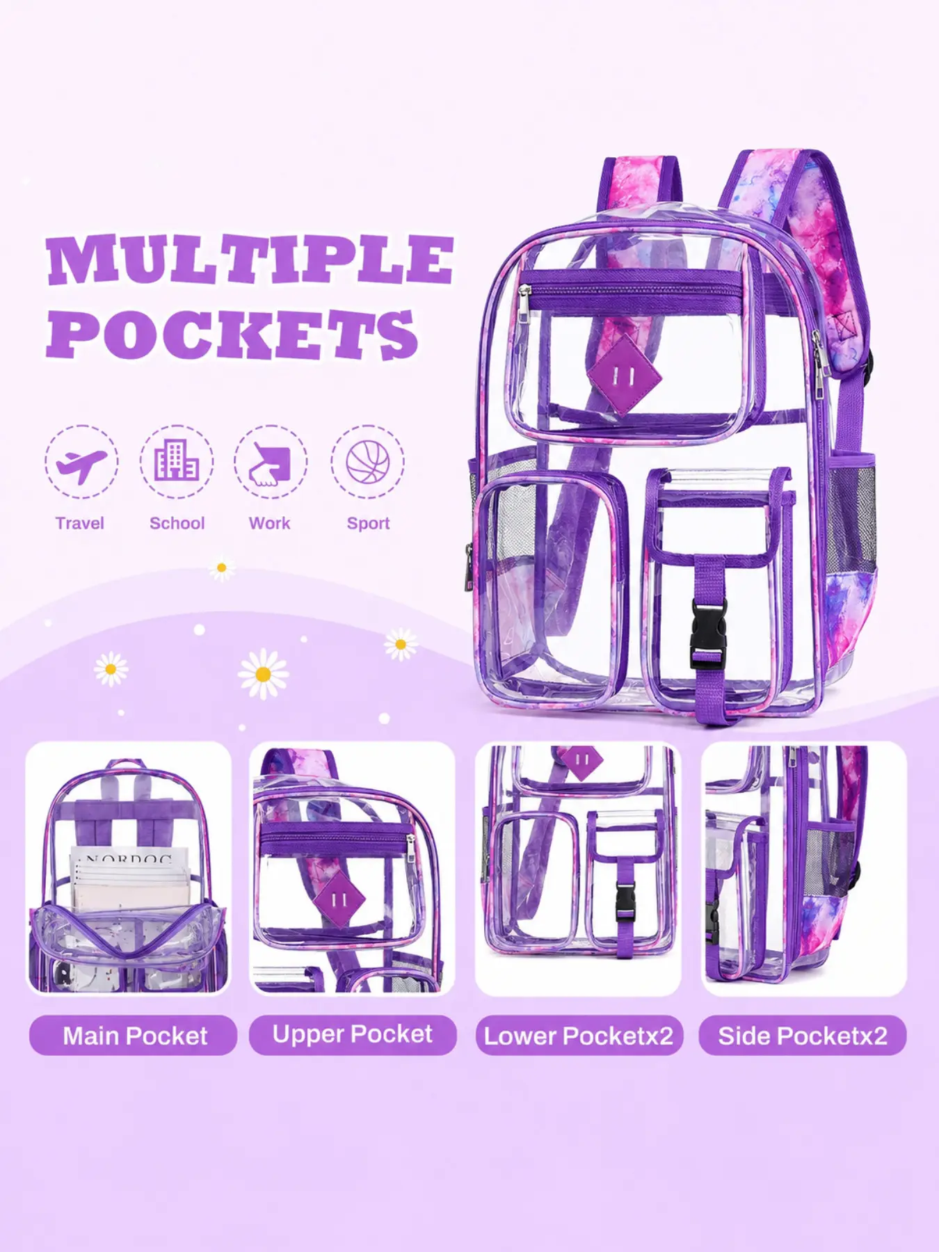 PVC Backpack, Multi functional backpack for Outdoor Fitness and Sports with Visible Compartments Large-Capacity Transparent Zipper Backpack Reinforced Stitching for Easy Cleaning Ideal for Campus, Gym Women's Large-Capacity See-Through Backpack