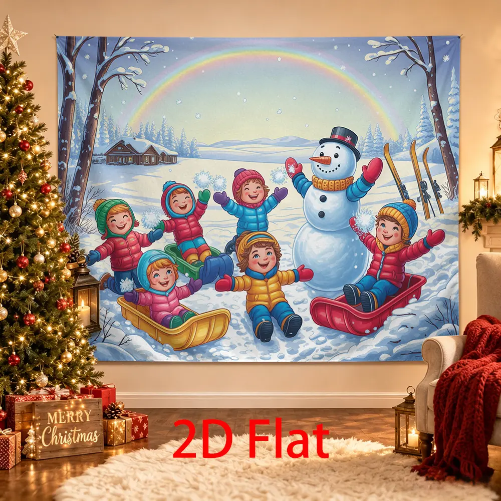 Rainbow Winter Wonderland Backdrop, Snowman Sledding Snow Party Background, Colorful Winter Photo Booth Decor