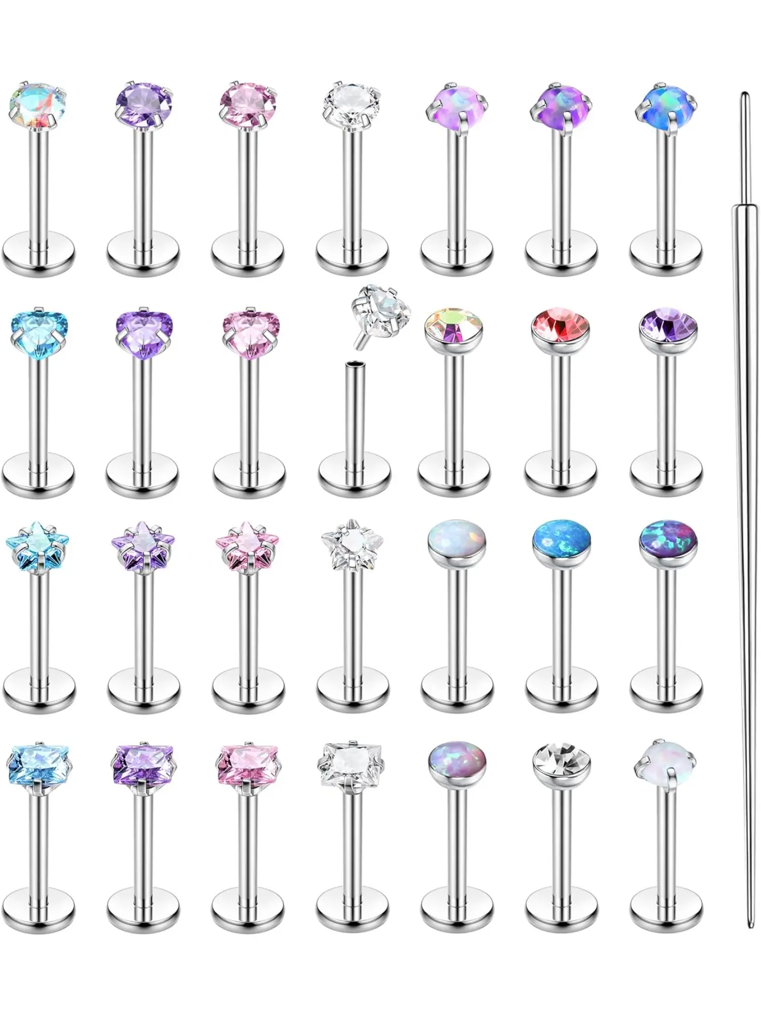 28Pcs Unisex Threadless Push-In Piercing Stud Bundle, Surgical Steel Flat Back Nose Labret Studs Monroe Medusa Tragus Conch Helix Nostril Body Piercing Jewelry Inlaid CZ & Opal