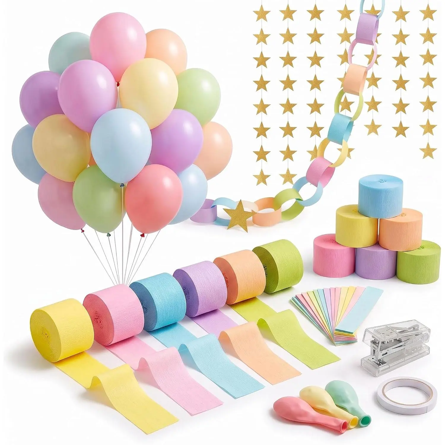 Pastel Birthday Party Decorations, 300 Paper Chain Strips, 6 Crepe Streamers, 30 Pastel Balloons, 5 Star Garlands Backdrop, for Wedding Baby Shower