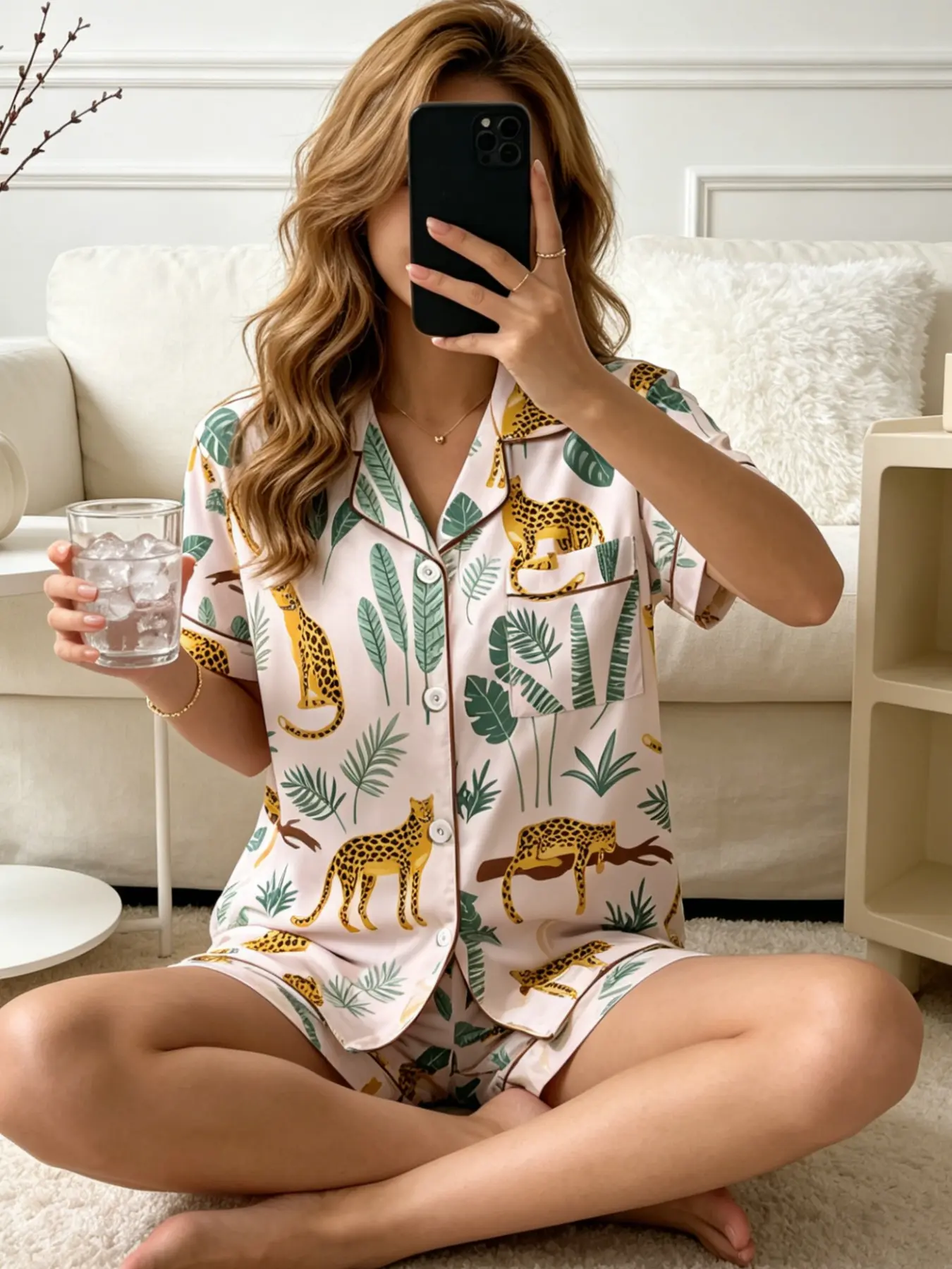 Women's 2 Piece Short Sleeve Pajamas Set Light Pink Tropical Leopard Leaf Full Print Summer Lightweight Button Down Lapel Collar Contrast Trim Chest Pocket Milk Silk Silky Breathable Loose Fit Casual Soft Cozy Sleepwear Nightwear Loungewear Home Daily Wea