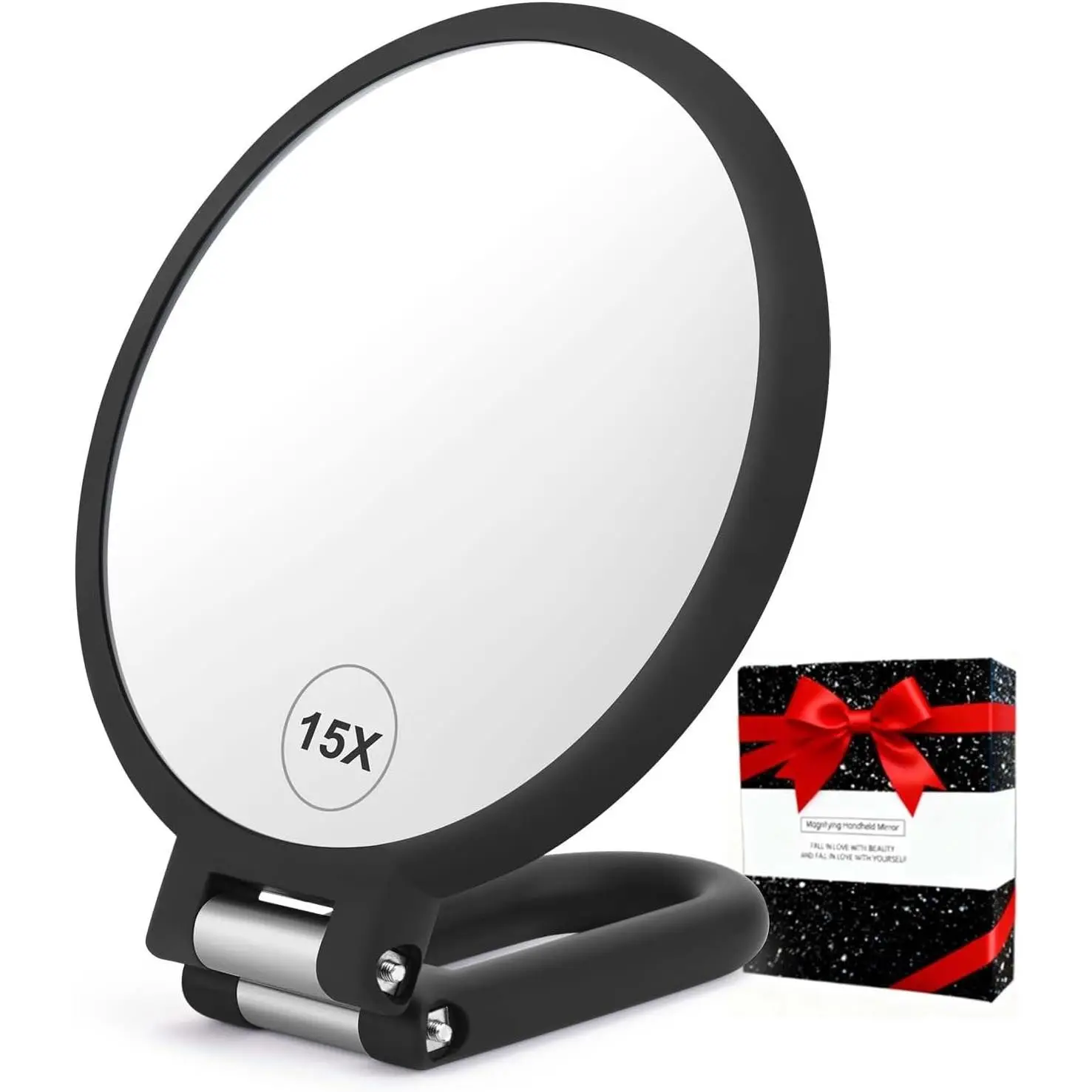 Magnifying Handheld Mirror Double Sided, 1X 15X Magnification Hand Mirrors, Travel Folding Hand Held Mirror, 360°Rotation Pedestal Makeup  Mirror