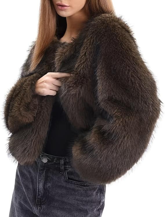 Women's Short Faux Fur Jacket - Brown Winter Coat with Pockets, Collar & Single-Breasted Closure, Hand Washable Synthetic Outerwear for Casual & Business, Short-Length Warm Coat - Fall/Winter Blazer