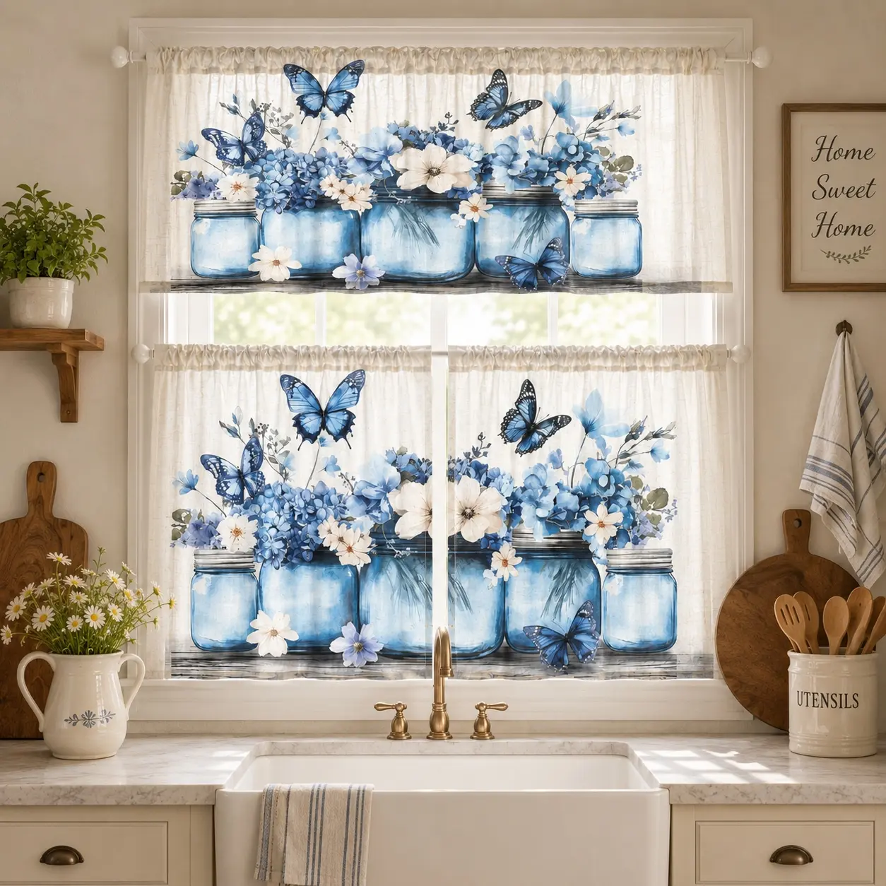SoftHaven 3-Piece USA-Made Kitchen Curtain Set, Blue Bottle Floral & Butterfly Print, Rod Pocket Design, 100% Polyester, Elegant Window Drapes, Curtains for Living Room, Ideal for Kitchen Decor