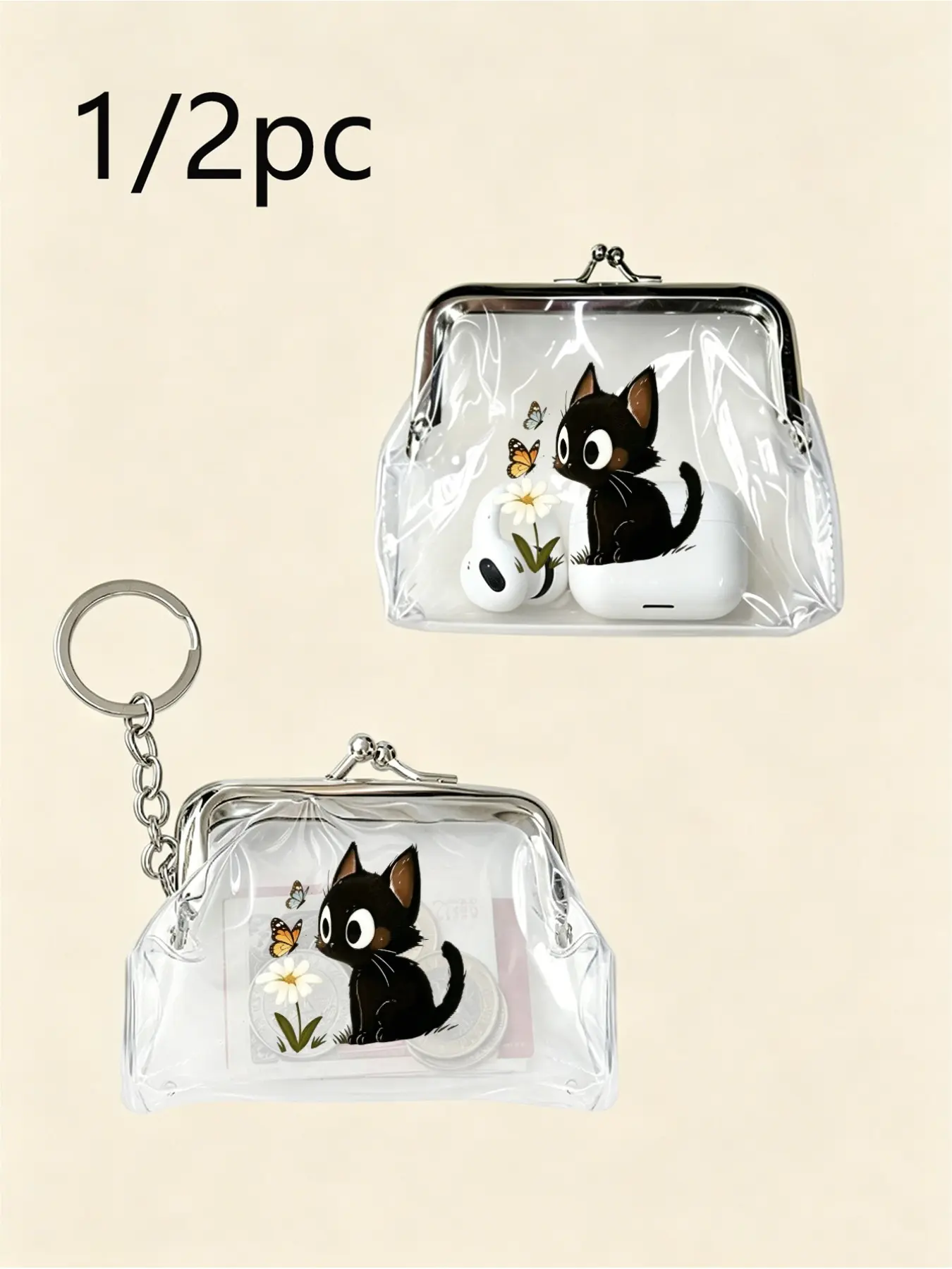 Transparent Coin Purse Keychain, Cute Cat Print, Minimalist PVC Mini Storage Bag, Portable for Coins Lipstick Earbuds, Women Girls Accessories
