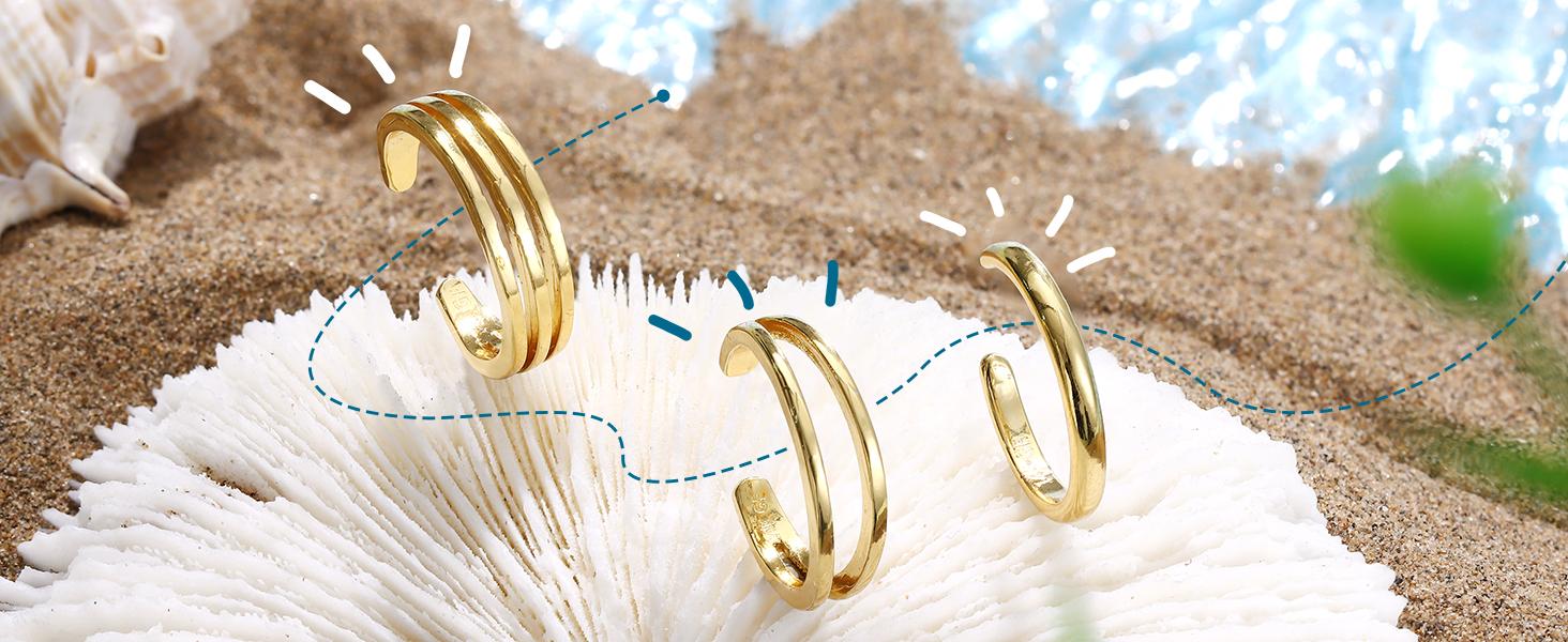 Summer 3 Pcs 14K Gold Filled Toe Rings for Women Adjustable Toe Ring Set Summer Jewellery