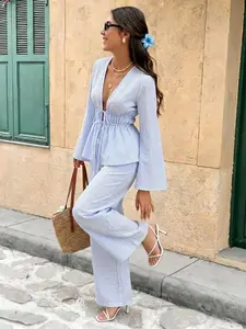 2-Pack Blue Striped Beach Vacation Vibes, V-Neck Drawstring Waist Design, Relaxed Home or Piece, Eye-Catching Fashion Item