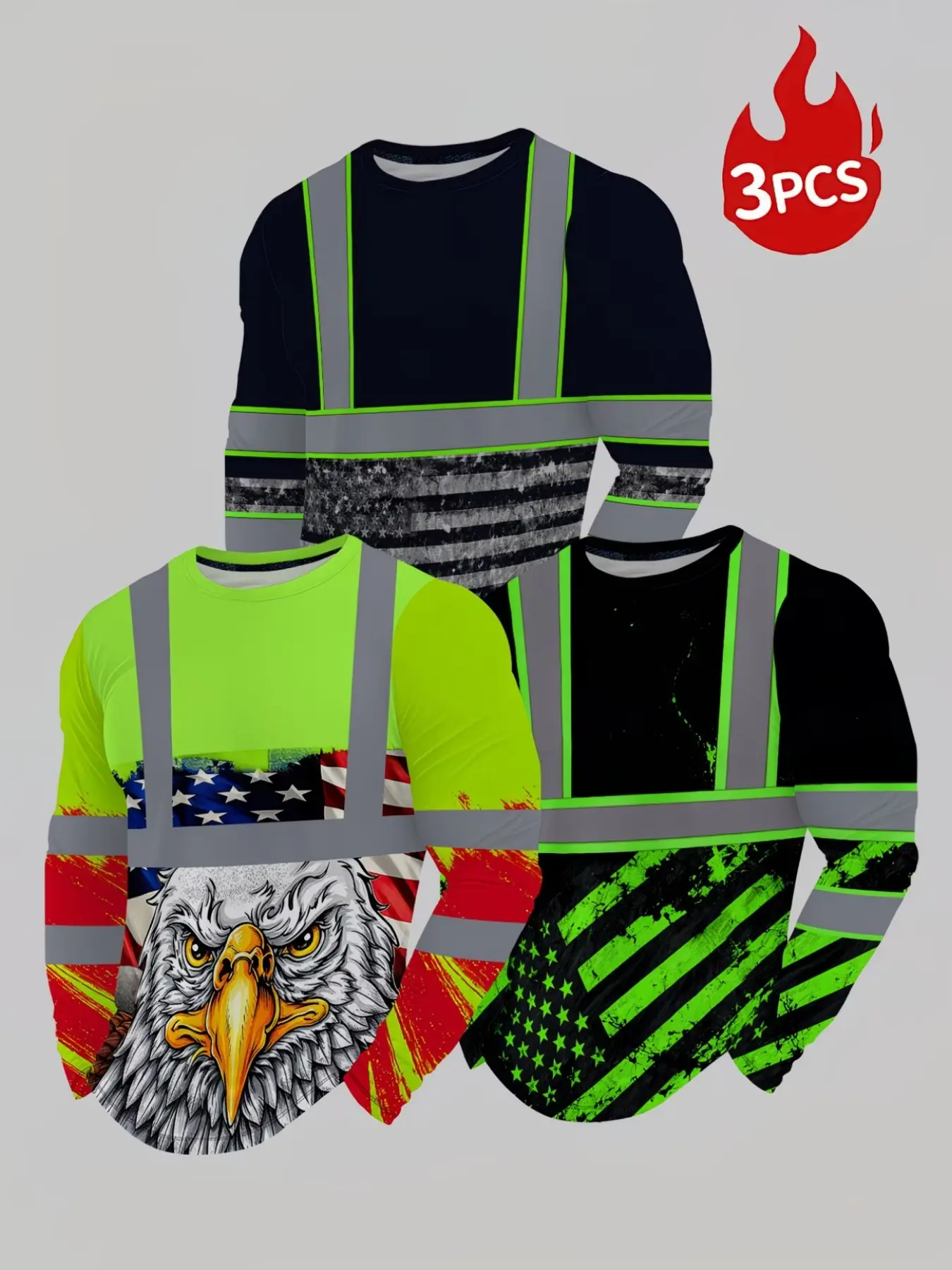 Men's Printed Round Neck Long Sleeve Three-Piece Set, American Flag Eagle Pattern, Fashion Casual Top, All Seasons, Fitted Style, Fitted Outfit Sets