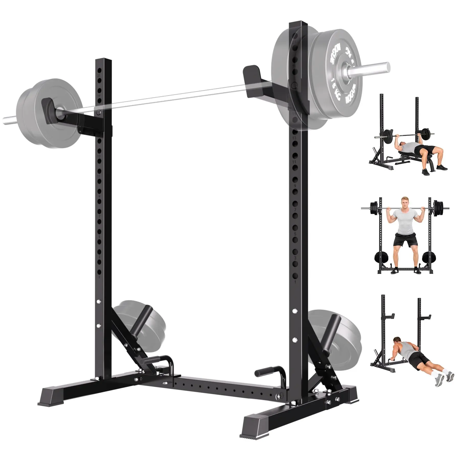 Squat Rack for Home Gym, Half Rack with Push-up Bars & J Hooks | Bench Press Rack with Weight Plate Storage