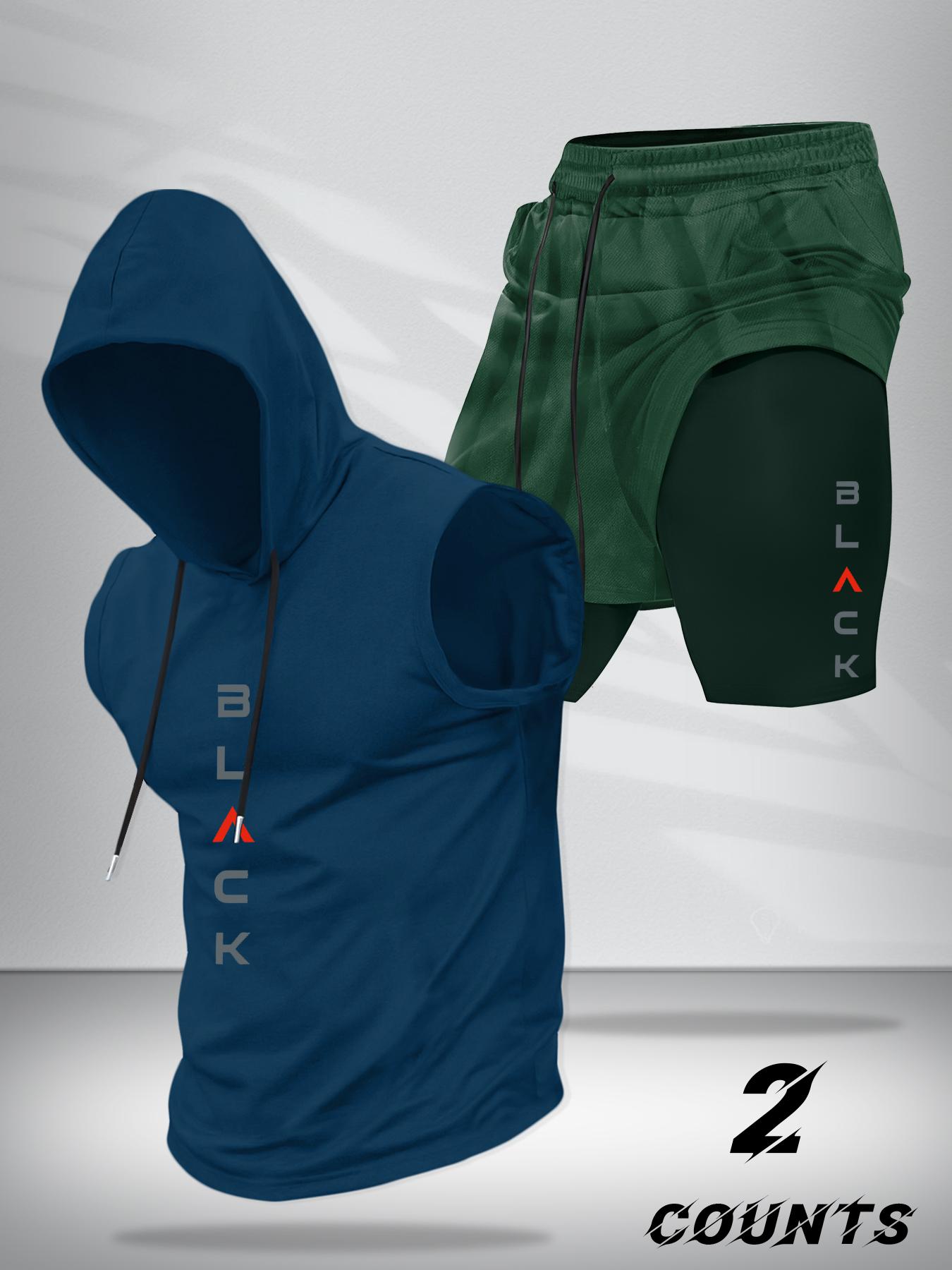 Two-Piece Set Men's Hooded Tank Top & Shorts Set, Regular Fit Casual Pullover Hoodie & Shorts, Men's Two-piece Outfits for Daily Wear, Casual Gym Wear