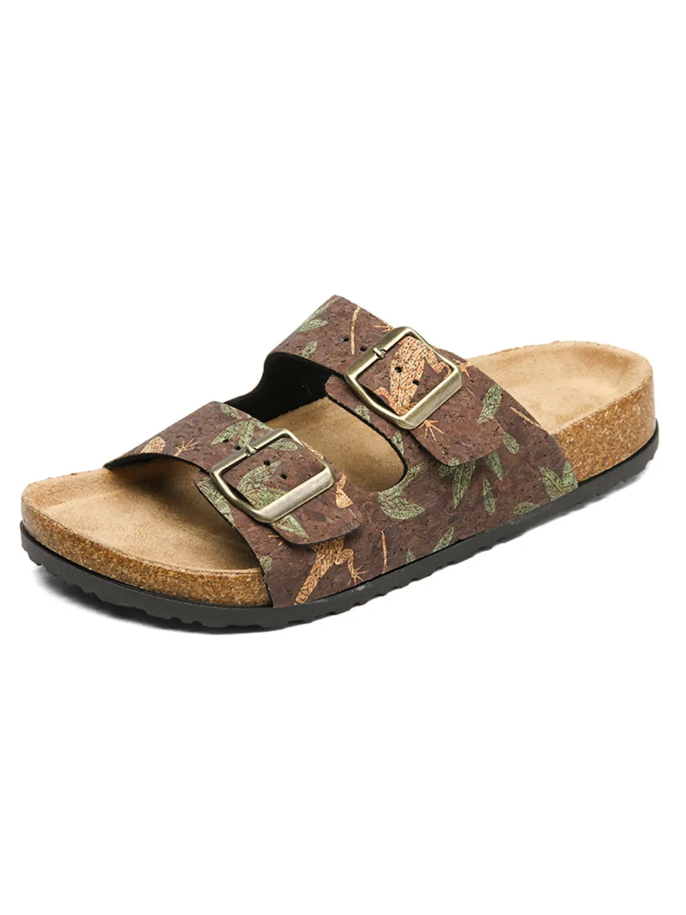 Rainforest Lizard Leaf Print Sandals, Adjustable Vintage Brass Buckles, Retro Style, All-Season Wear, Outdoor & Indoor Use