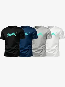 Mint Cheetah Print 4-Pack Tees, Casual Crew Neck Long Tee, Short Sleeve Fitted H-Type, Sporty Outdoor Daily Wear