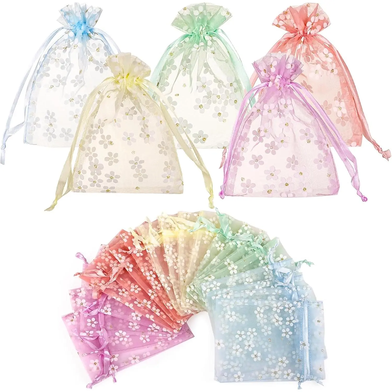 20 count Floral Organza Bags - 4x6in, Small Mesh Bags with Drawstring for Gifts, 5 Colors, Sheer  Bags for Christmas, Wedding,  Shower