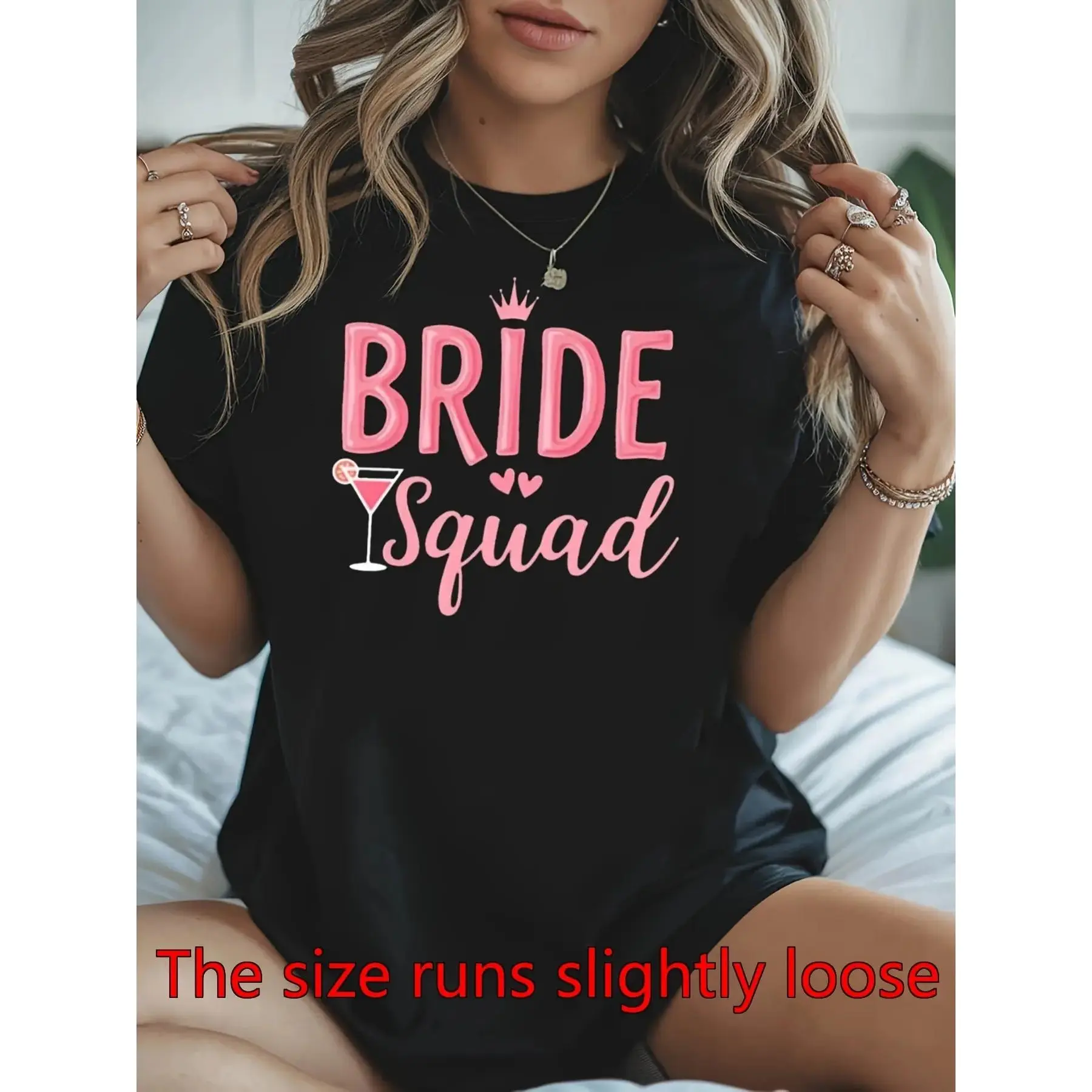Women's Non-See-Through Bridesmaid T-Shirt - Black Crewneck Top with Pink Lettering & Bride Squad, Machine Washable Bridal Party Shirt Suitable for Bachelorette Party, Wedding Events, Bridesmaids Outfits