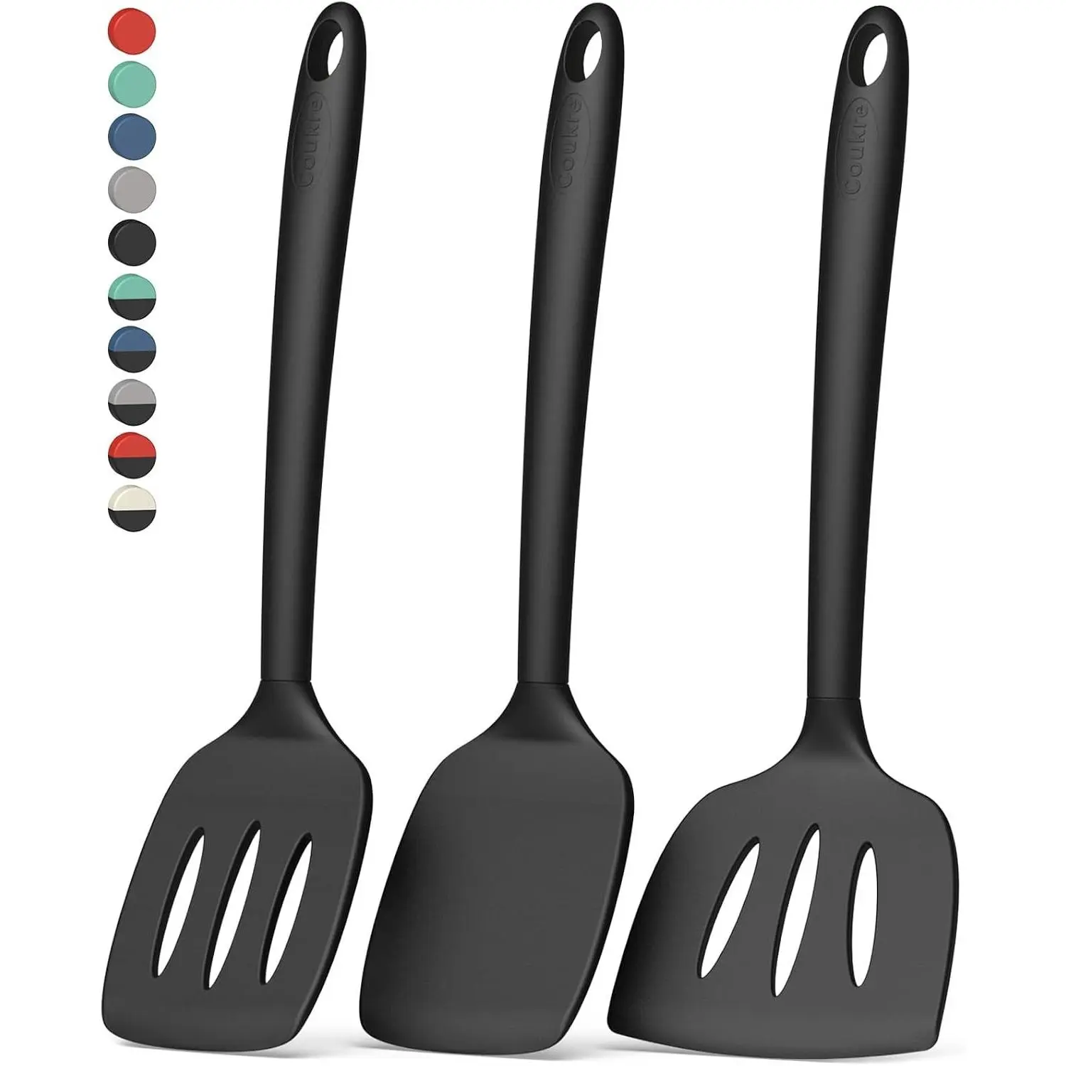 3 Pack Silicone Spatula Set, High Heat Resistant BPA-Free, Fish Spatula Solid & Slotted Turner for Non-Stick Pans, Ideal for Flipping Eggs Pancakes Fish Burgers, Pure Black