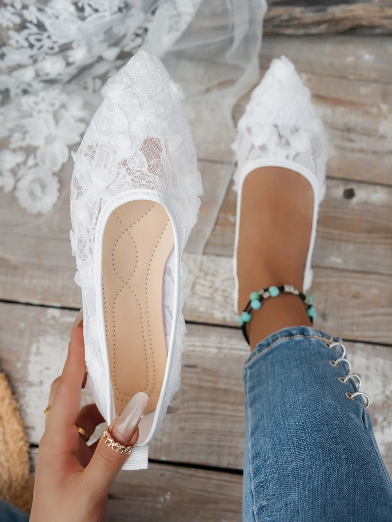 Women Pointed Toe 3D Floral Lace Flat Shoes, Breathable Mesh Slip On, Wedding Bridal Ballet Flats, Casual All Seasons Footwear, Summer Mesh Shoes