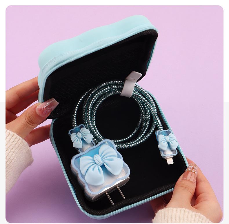 iPhone Charger Cable Protector Set with Cute Pink Bow, Only Compatible with Apple Original 18W/20W Adapter, Anti-Break Data Cable Organizer & Storage Bag for Women Girls (Charger & Cable Not Included)