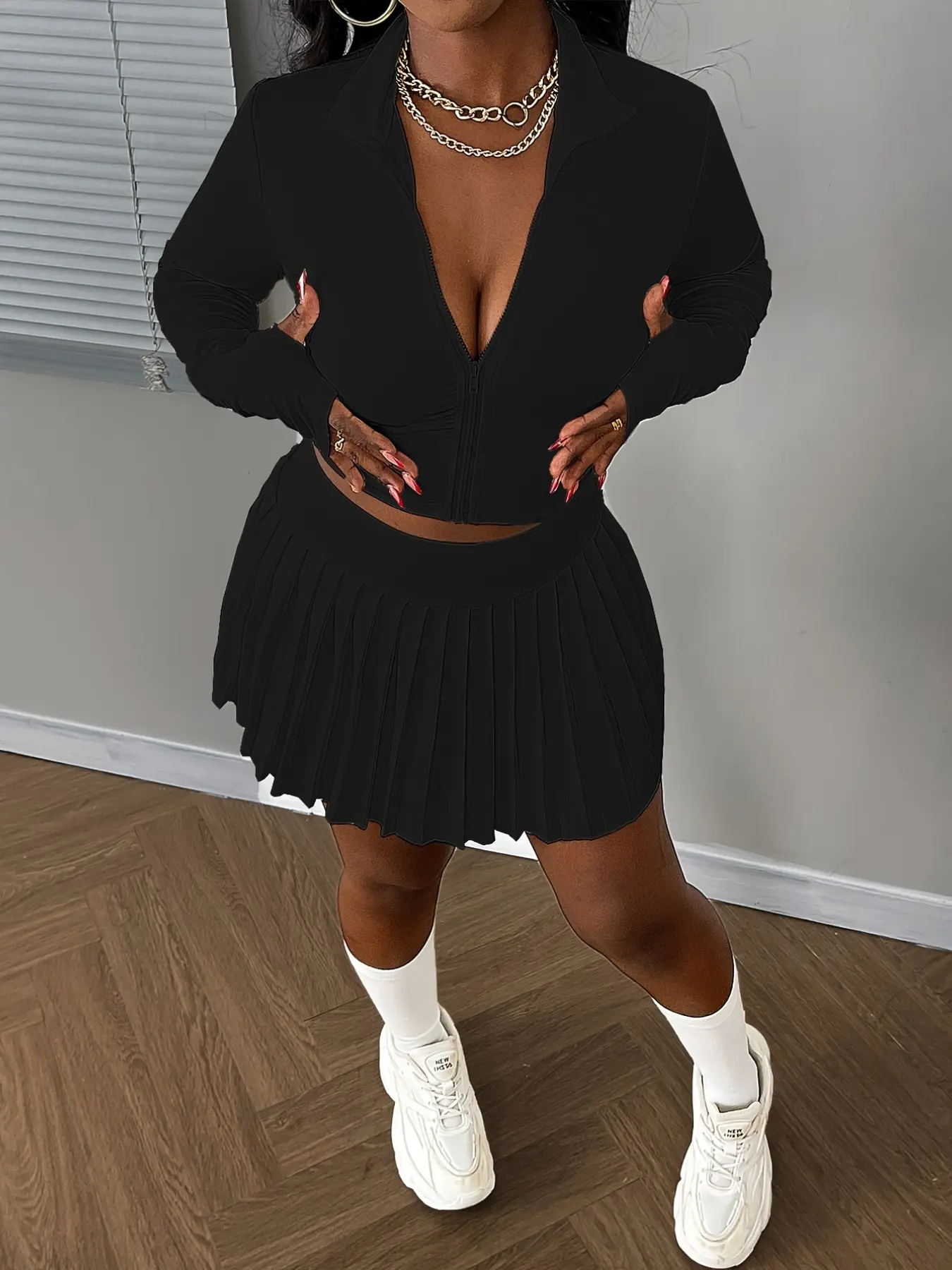 Women's Slim Fit Jacket + Pleated Skirt Set Outfit, Elegant Two-Piece, Fashionable Ladies' Clothing, Perfect for Daily Wear