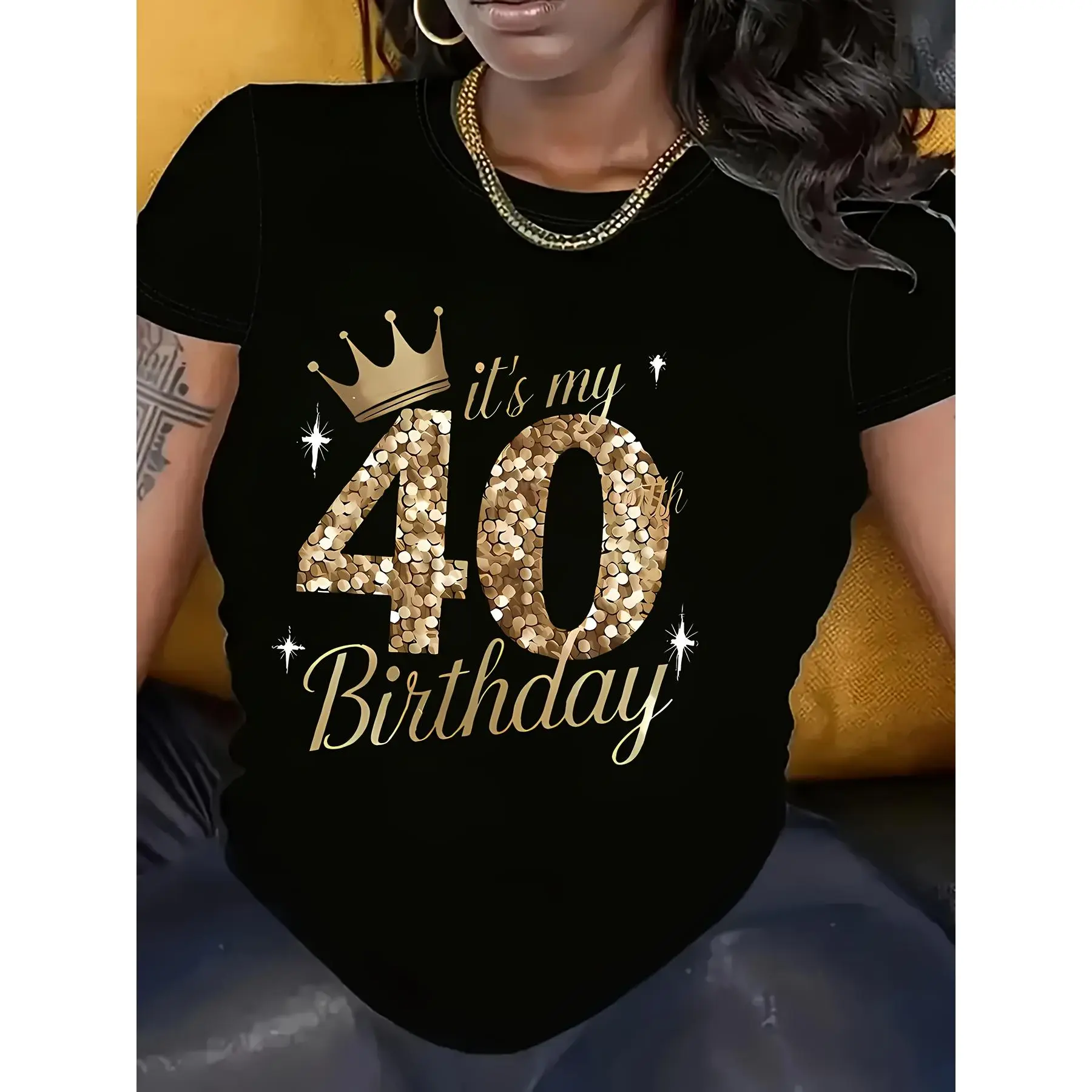 100% Cotton Women Round Neck Short Sleeve T-Shirt, Glitter Gold Crown It’s My 40th Birthday Front Print Black Loose Casual Tee, Elegant Birthday Party Soft Breathable Summer Daily Wear Gift