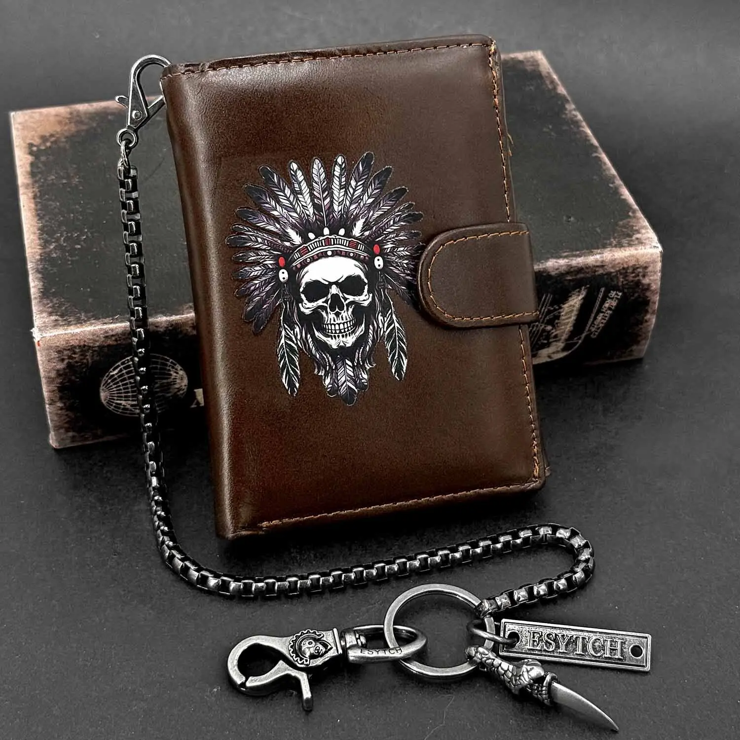 Indian Chieftain Skull Bicycle Leather Double Fold Wallet For Men American