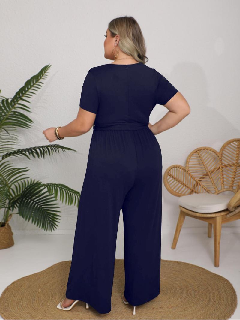 Plus Size Solid Wide Leg Jumpsuit, Elegant Square Neck Belted Jumpsuit for Daily Outdoor Wear, Women Plus Clothing for All Seasons
