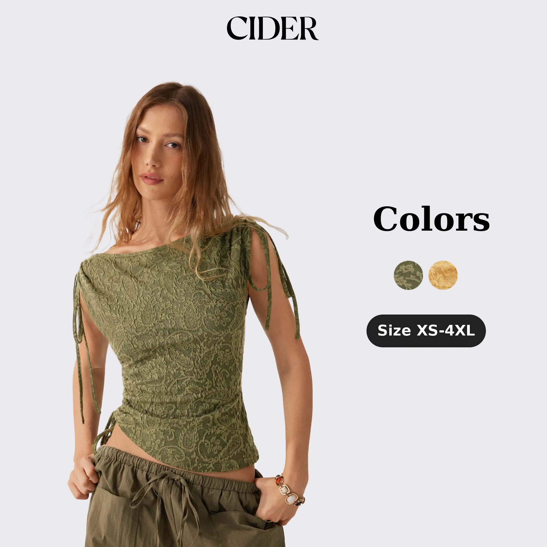 Cider Jacquard Boat Neck Drawstring Ruched Asymmertrical Top