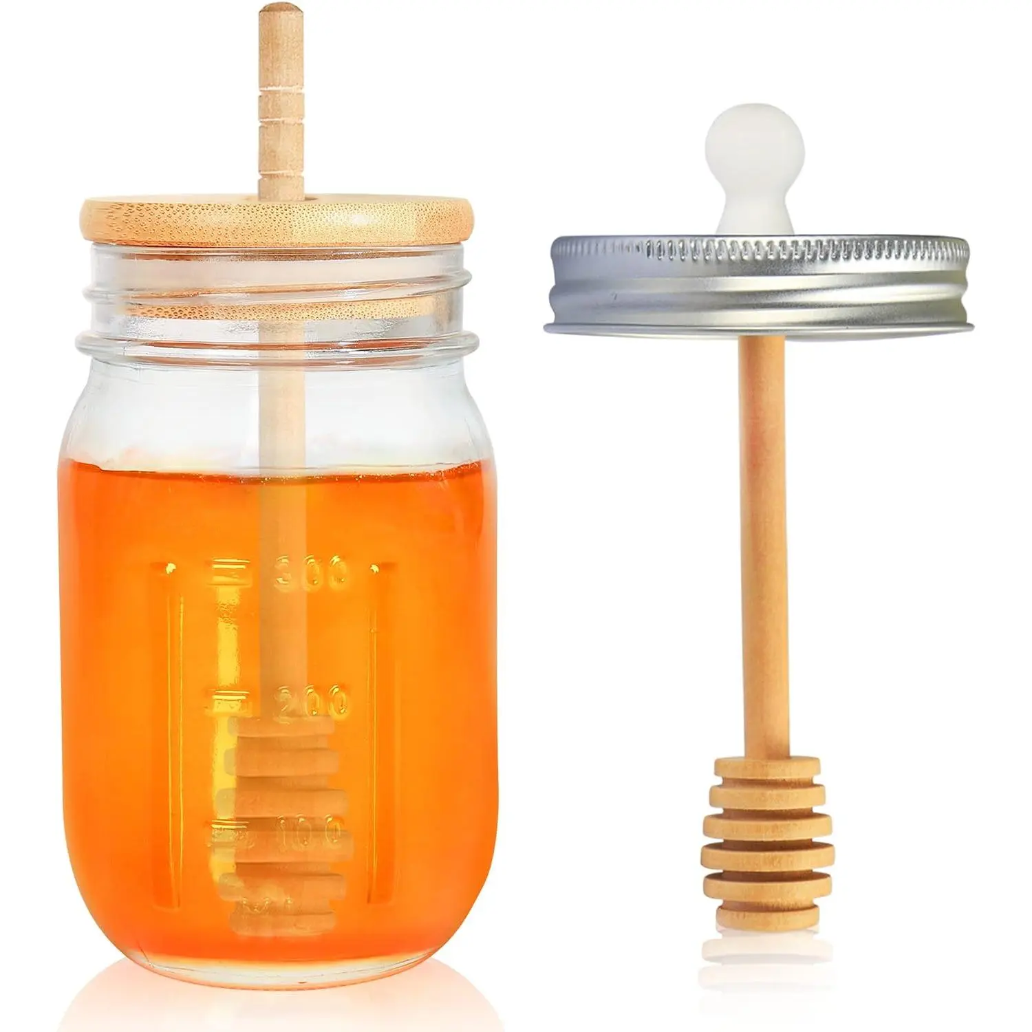 16oz Glass Honey Jar with Dippers Stick Set,Honey Pot with Dipper and Lid,Honey Containers for Airtight Syrup Dispenser for  Kitchen