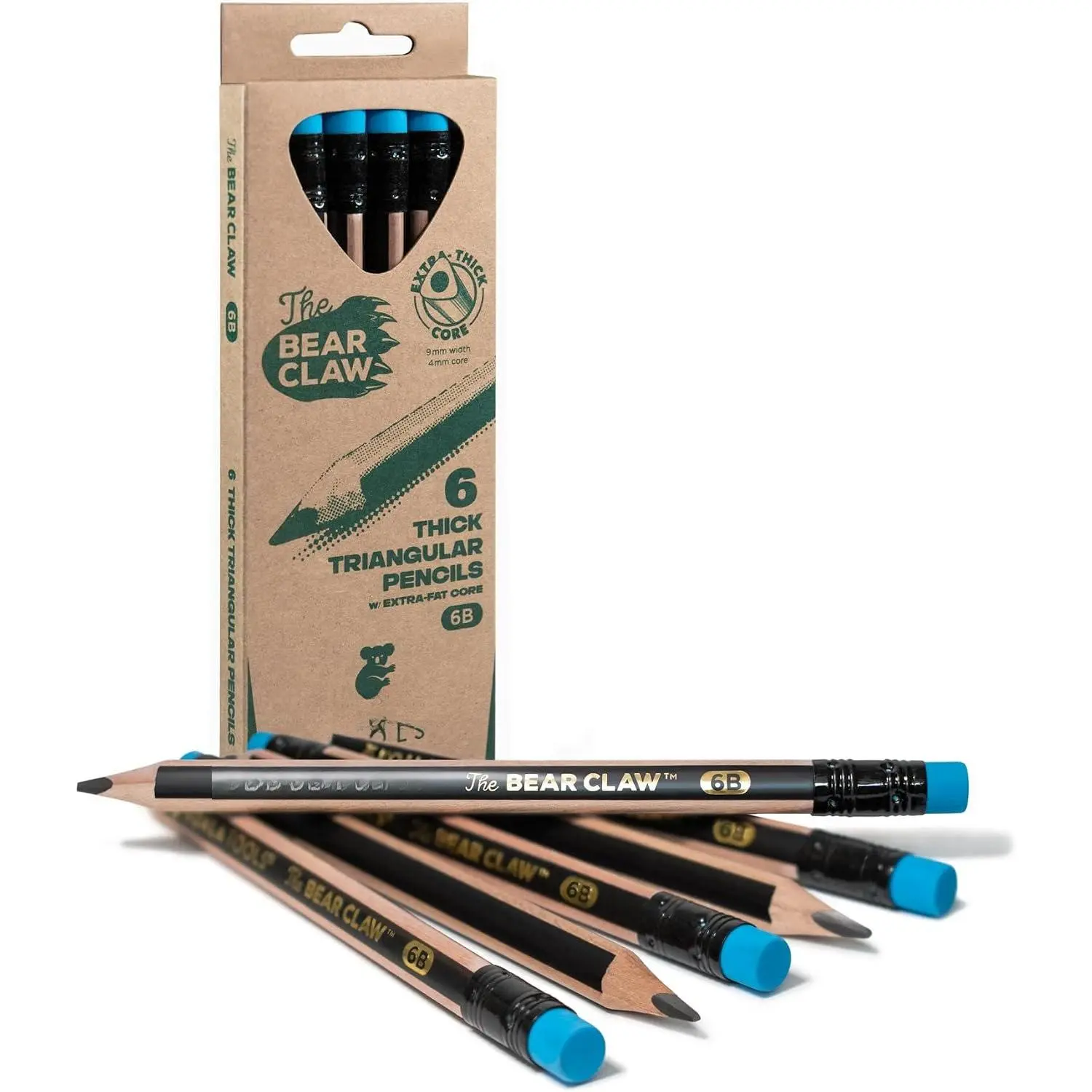 |  Claw Pencils 1-Pack (6 Pencils) - , Thick, Triangular Grip, Extra-Dark 6B Graphite Core with Eraser - Suitable for , Art, Drawing, Drafting, Sketching & Shading