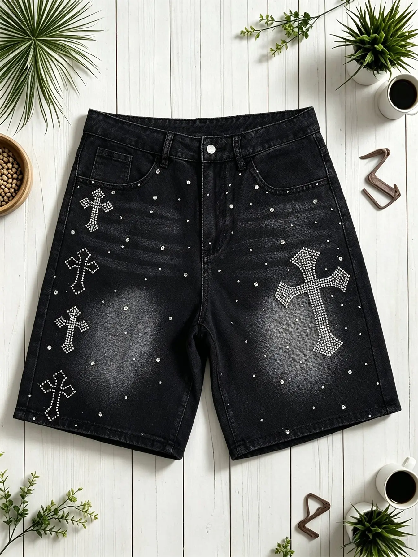 Y2K Hip Hop Wide Leg Jeans Shorts, Vintage Washed Multiple Crosses Rhinestone Sparkle, Streetwear Denim Jeans for Men