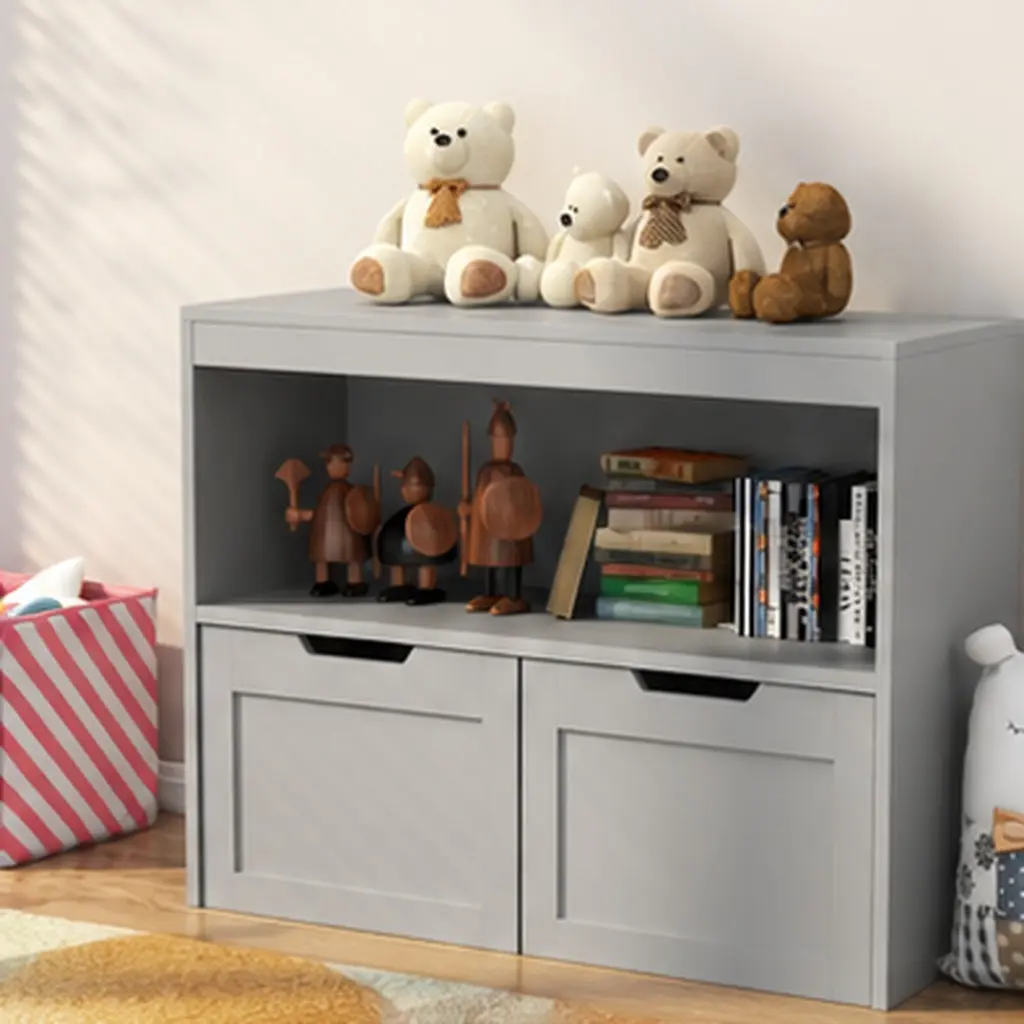 Gray MDF Wood Rectangular Kids Storage Cabinet Organizer - 2 Drawers, Open Shelves, 31.5" W x 11.8" D x 24.2" H, 34.26 lb, Flat Base, Rounded Edges, Durable Children's Bedroom Furniture, Simple Silhouette, Easy Assembly