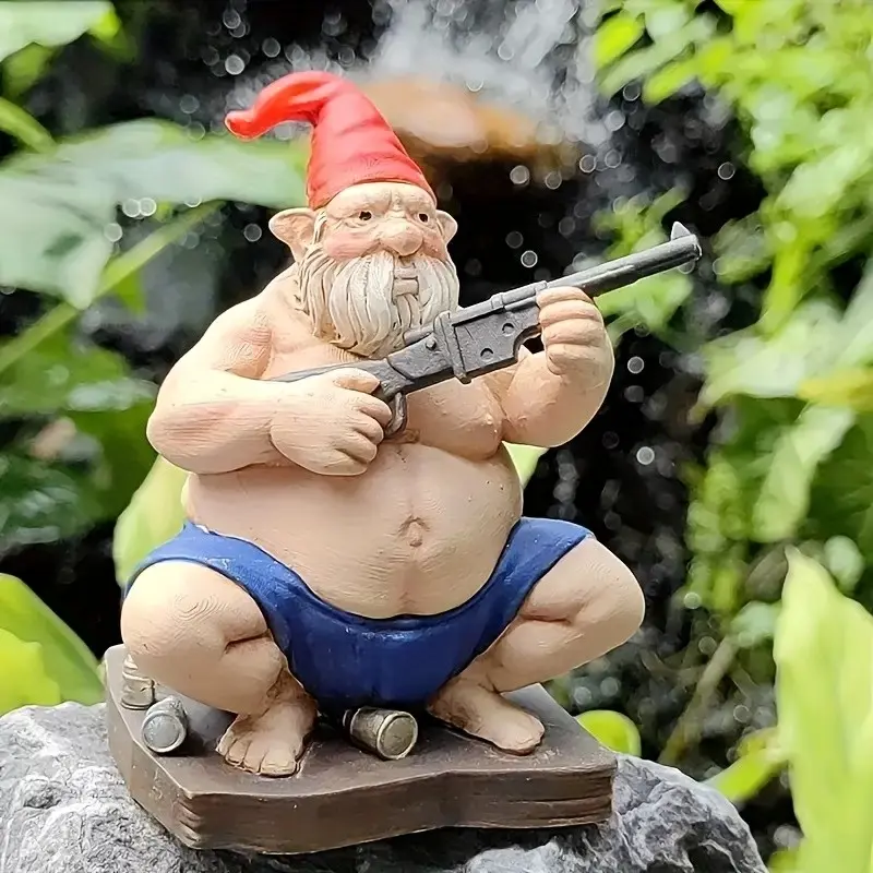 Funny Shooting Hand Garden Gnome Statue, Naked Blue Swimsuit Crouching Holding Gun Shell Design, Resin Sculpture for Yard Patio Lawn Decor