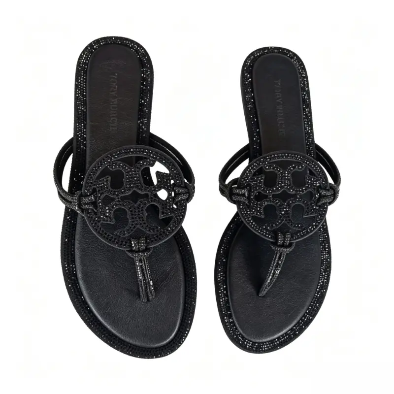 Black Rhinestone Hollow Cut Flat Thong Flip Flops Women Summer Sparkly Beach Sandals