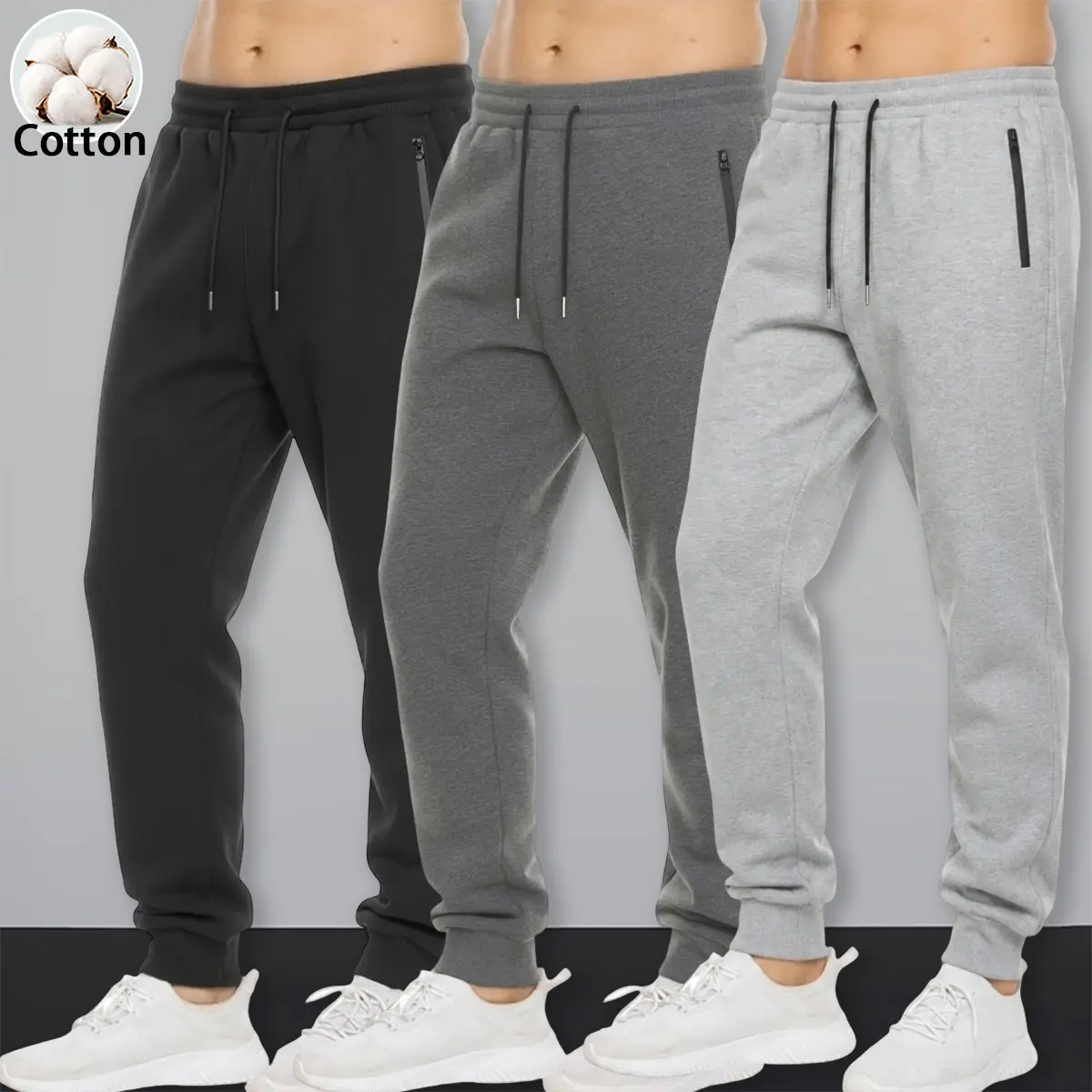 Men's cotton jogging pants, elastic waist drawstring casual pants, zipper side pockets, flared ankle slim fit sports pants, soft and breathable daily wear underwear, comfortable sports pants suitable for running, walking, gym training, and outdoor activit