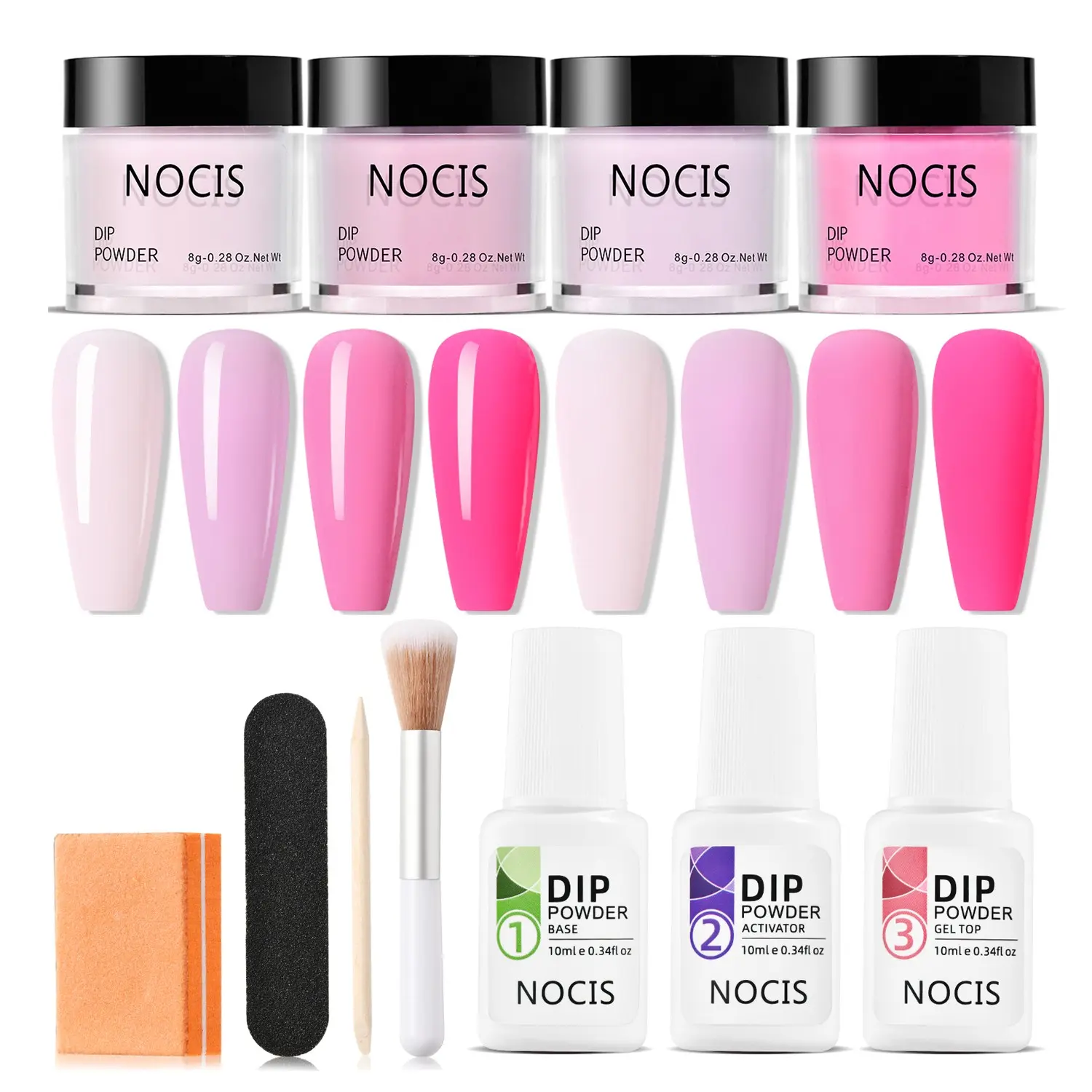 Nocis Barbie Heart Nail Dip Powder Kit, 4 Gradient Powders, Base Gel, Drying Agent, Top Coat, Home Use, No LED Lamp Needed